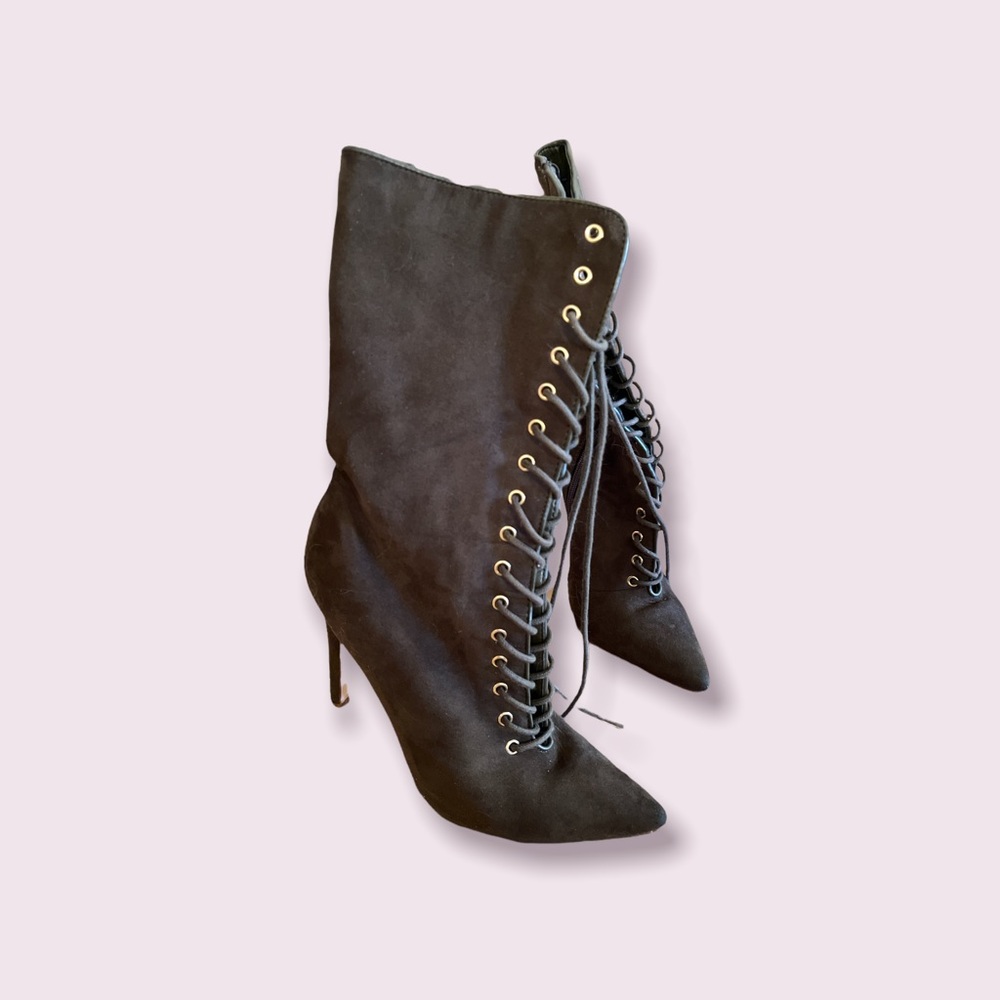 Army Green Suede Heeled Boot - Picture 2 of 7